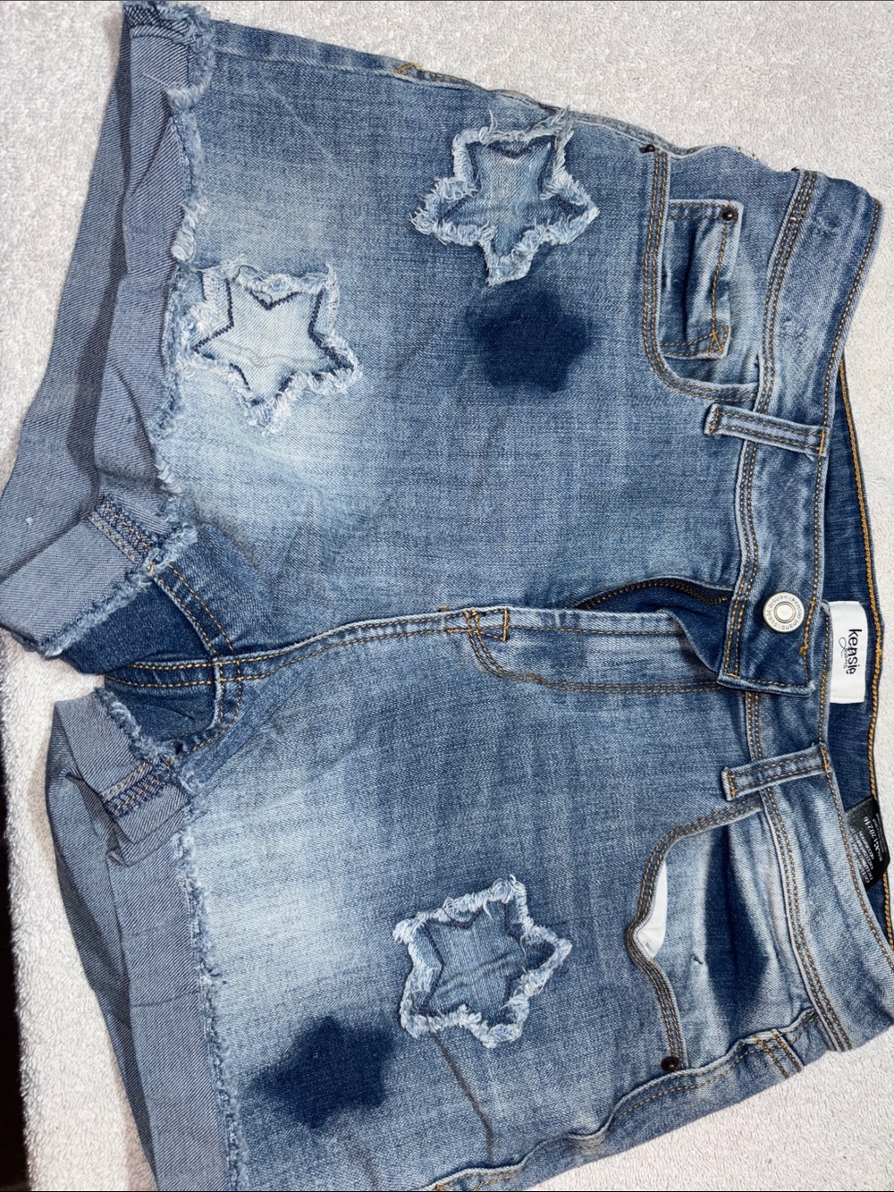 Kensie Light Blue Distressed Star Patch Denim Shorts